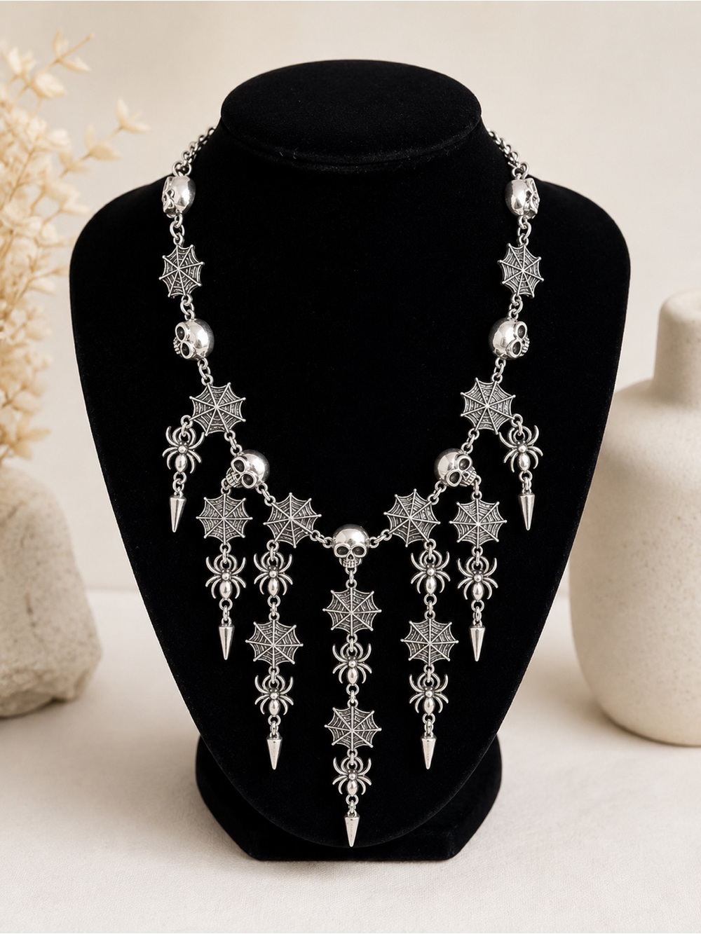 Silver Gothic Skull & Spiderweb Statement Necklace
